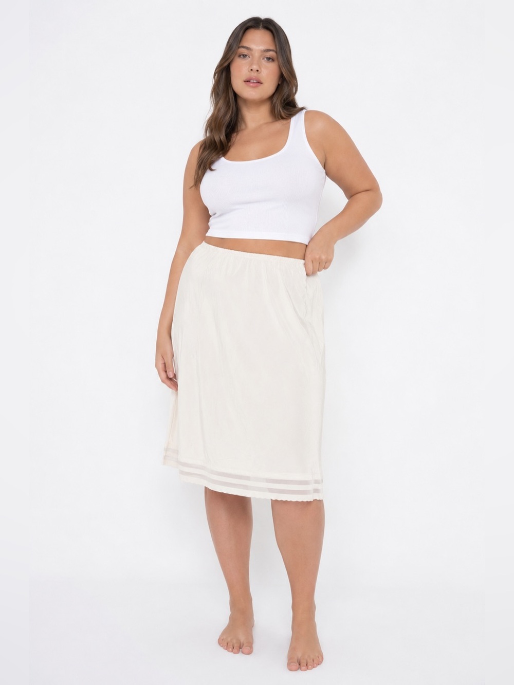 70s French Vintage Silky Stripe Lace Hem Slip Skirt (Ivory/Cream) Size L